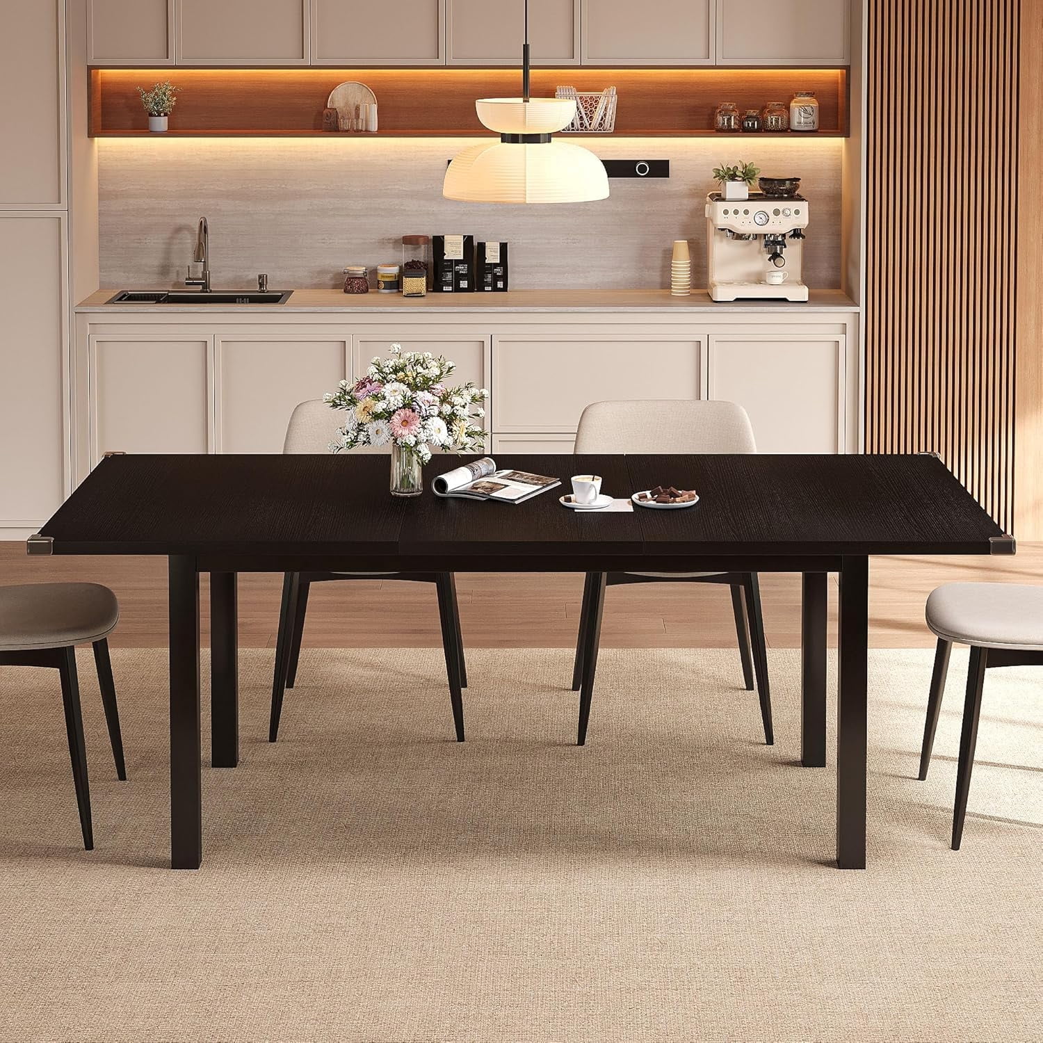 Honfach 63" Extendable Dining Table for 4-8, Square Wooden Dining Room Table with Metal Base, Modern Extendable Table for e for Small Kitchens, Dining Office Areas, Black