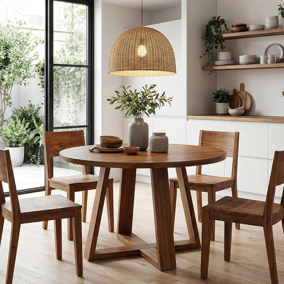 Finmind 47.2" Solid Wood Round Dining Table, Farmhouse Kitchen Table for 4 with Trestle Base, Rustic Circle Table for Dining Room, Warm Oak