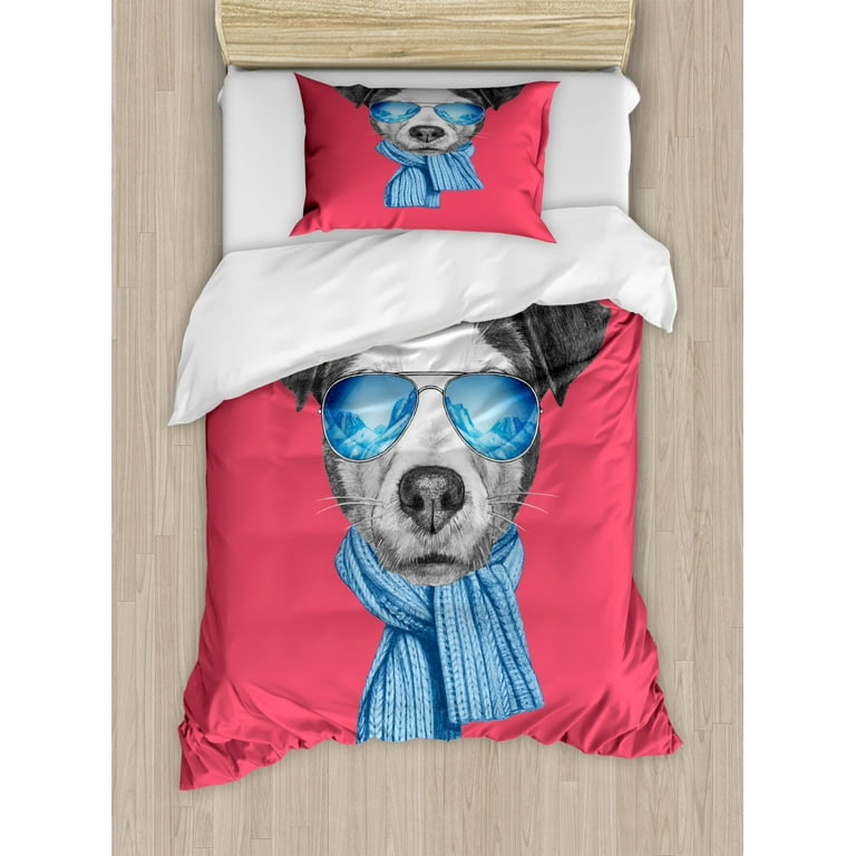 Jack Russell Duvet Cover Set Twin Size Hipster Style Dog Glasses