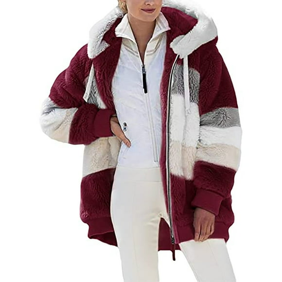 LMKIHUSA Womens Warm Winter Coat Zipper Hoodies Open Front Coats Fleece Thermal Outerwear Color Block Patchwork Jackets with Pockets Wine,XXL