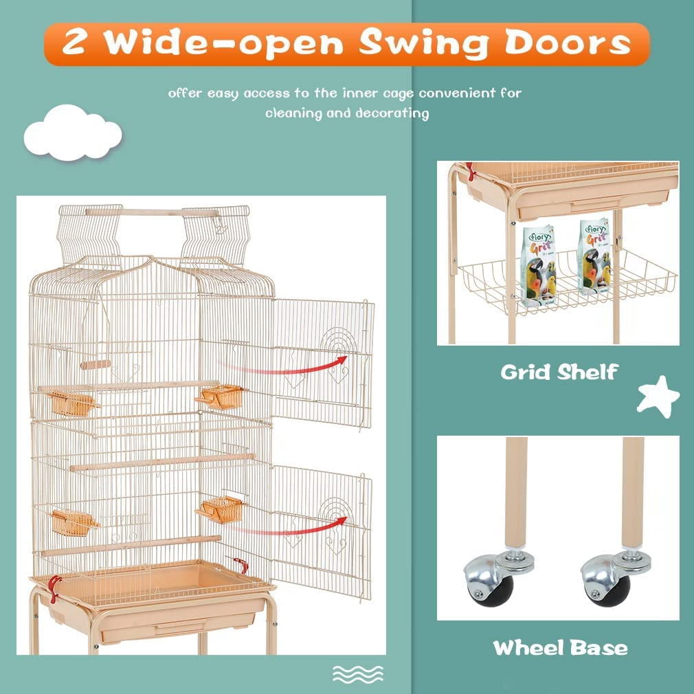 CL.HPAHKL Large Bird Cage, 64 inch Parakeet Cage with Open Play Top & Rolling Stand, Wrought Iron Birdcage for Parrot Cockatiel Cockatoo Lovebird, Almond