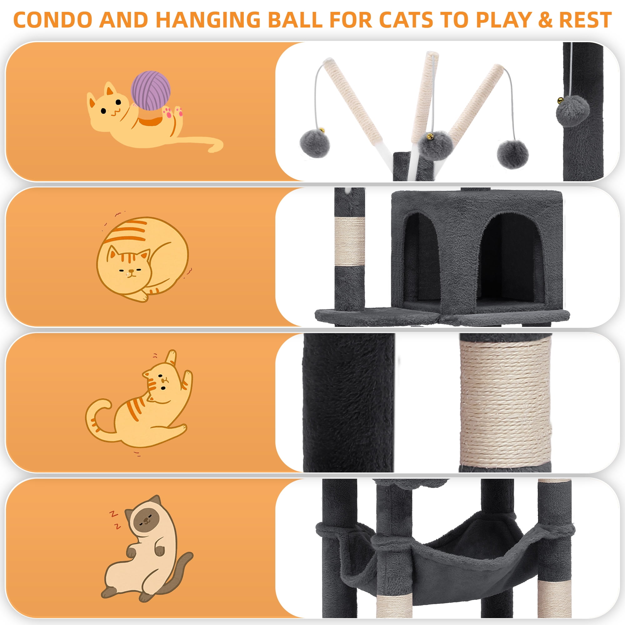 Uforic Cat Tree Condo 44" with Scratching Posts & Comfortable Hammock,Indoor  Cat Tower for Young Cats, Pet Play Center,Dark Gray