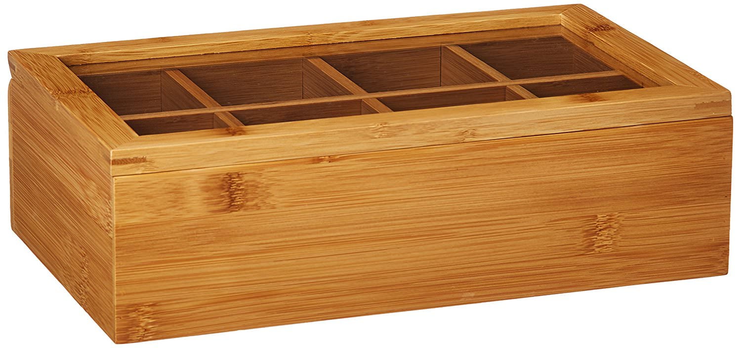 Woodluv 4 Compartment Tea Bag Storage Caddy Box Organizer In Bamboo & Acrylic 