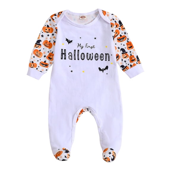Weebloom Baby Girl Halloween Pumpkin Outfit Toddler Long Sleeve Cartoon Pumpkin Prints Rompers Jumpsuits 6-12 Months