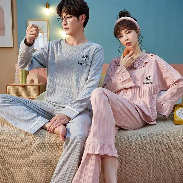 Pijama de pareja a rayas, pantalones de manga larga, poliéster, algodón, para hombre, primavera y otoño, traje de algodón con dibujos animados para mujer