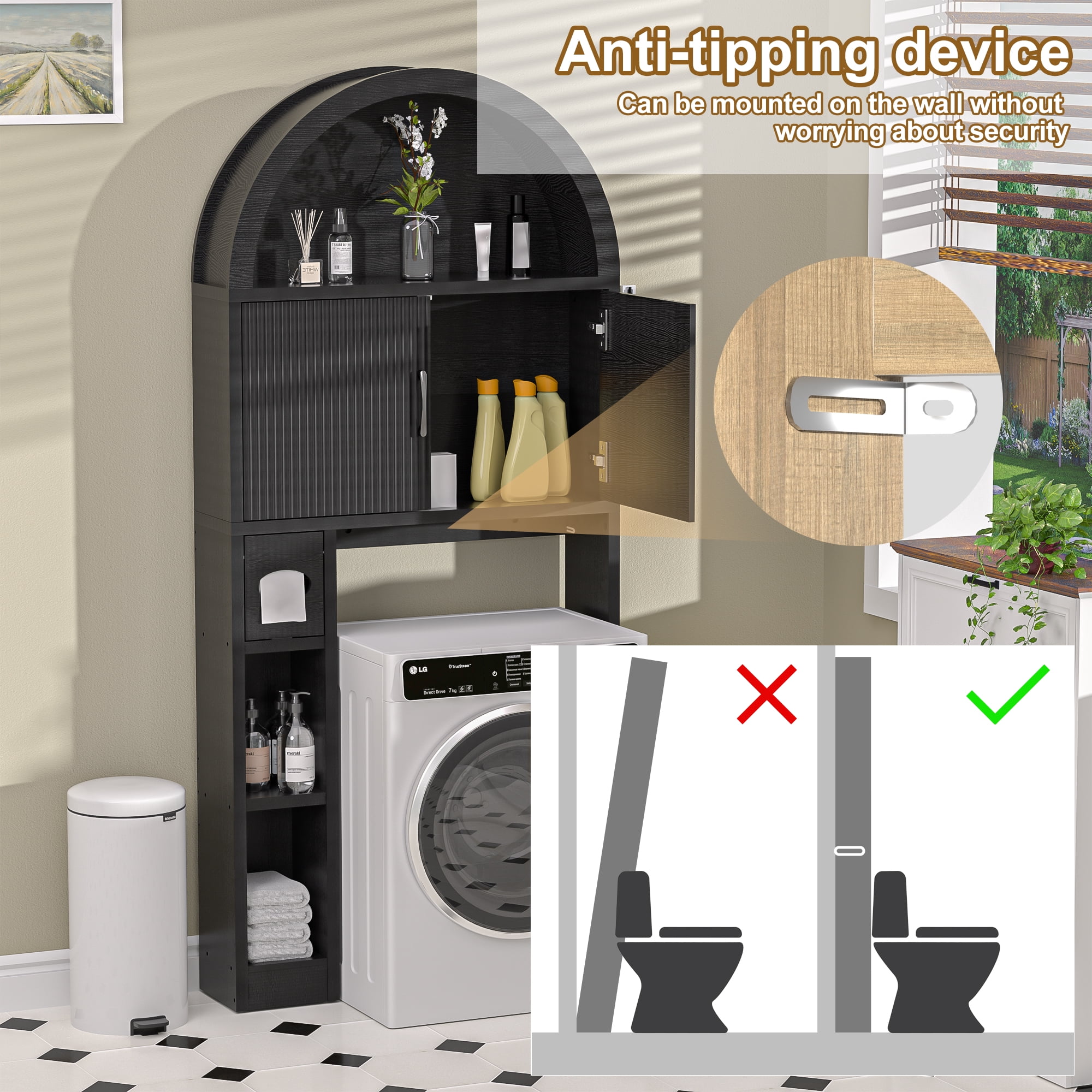 HARIPUL Over The Toilet Storage Cabinet w/ Unique Wood Grain & Arc Design, Freestanding Bathroom Shelf Organizer Space Saver w/ Doors & Anti-Tip Device, Black
