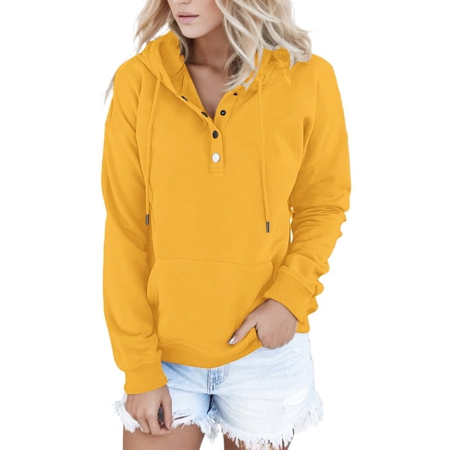 Gibobby Sudadera de Manga Larga Sudaderas con capucha para mujer, sudaderas con bolsillo, cuello informal, manga larga, sudaderas con capucha con cordón y botones, con escote en V (Amarillo, L)