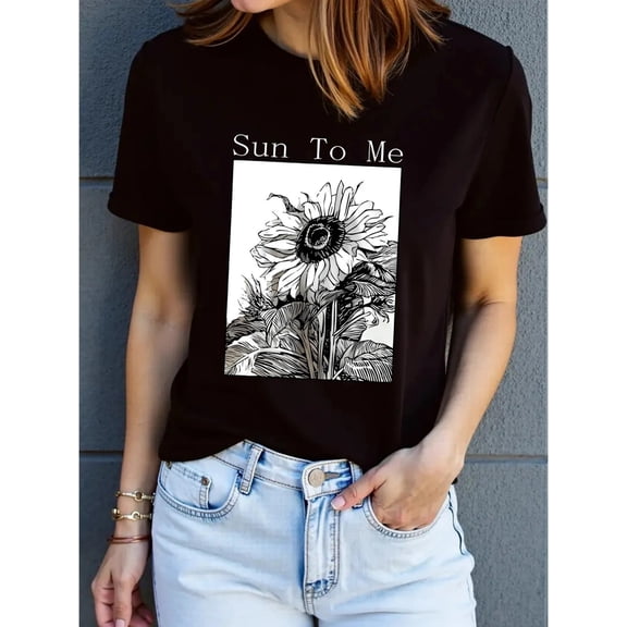 BESTLUCKY Women's Casual Round - Neck Short - Sleeve T - Shirt with Adorable Sunflower Graphics for a Sweet and Fashion - Forward Look