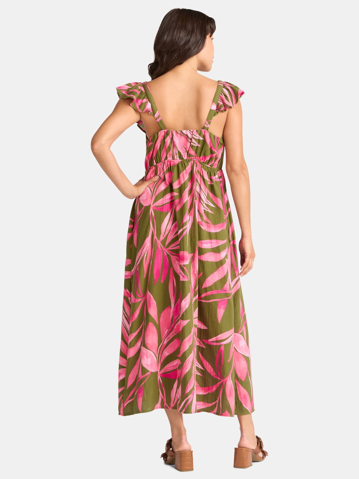 Time and Tru Women's Cotton Midi Dress with Flutter Sleeves, Sizes XS-XXXL