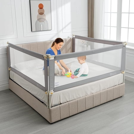 Bed Rail for Toddlers, 3 Pieces Baby Bed Rail Guard for Kids, 25 Height Levels Adjustable Bed Fence, 3 in 1 Foldable Bed Guardrail, Fit 2''-11.8''Mattress (Gray Without Pattern, King)