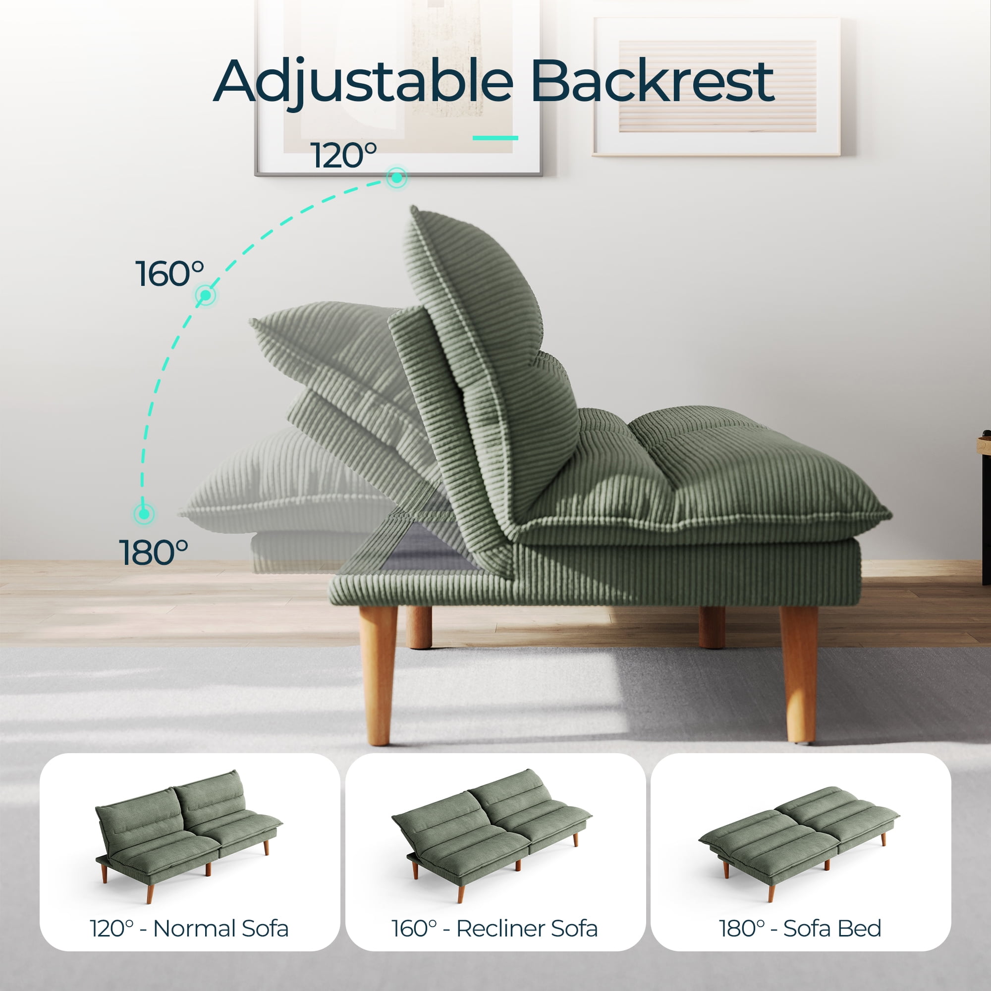 Linsy Home Futon Sofa Bed, Solid Wood  Legs Sofa Bed for Living Room, Green