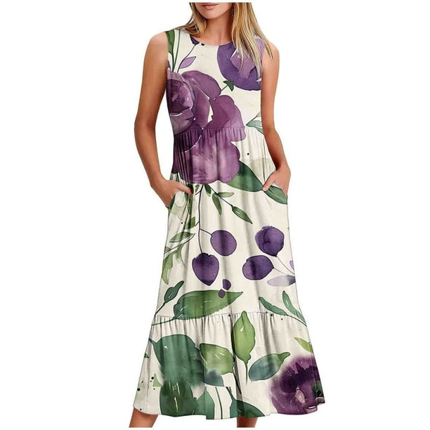 Vestido sin Mangas para Mujeres Vestido de Verano de Cuello Redondo Impreso, Poliéster de Tamaño Verdadero Diario Y Vestido de Fiesta