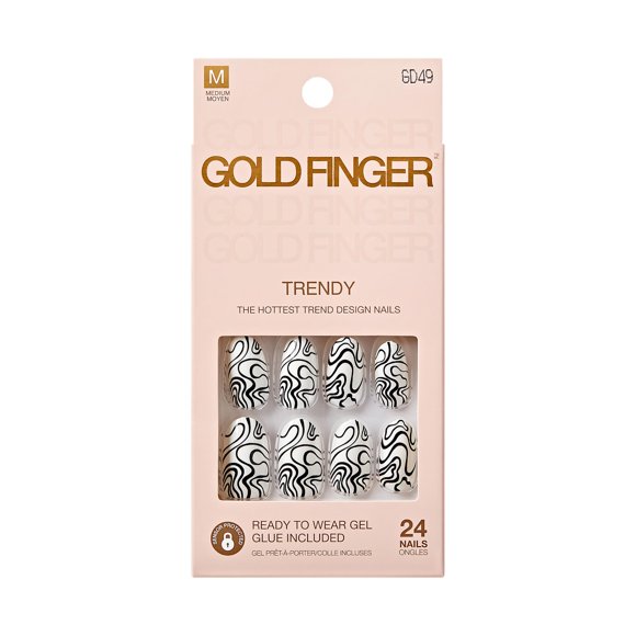 GoldFinger 24 piezas de uñas postizas ovaladas medianas, extensiones de gel en forma de remolino, reutilizables, de cubierta completa, kit de uñas postizas con pegamento, barra de manicura y lima, uso