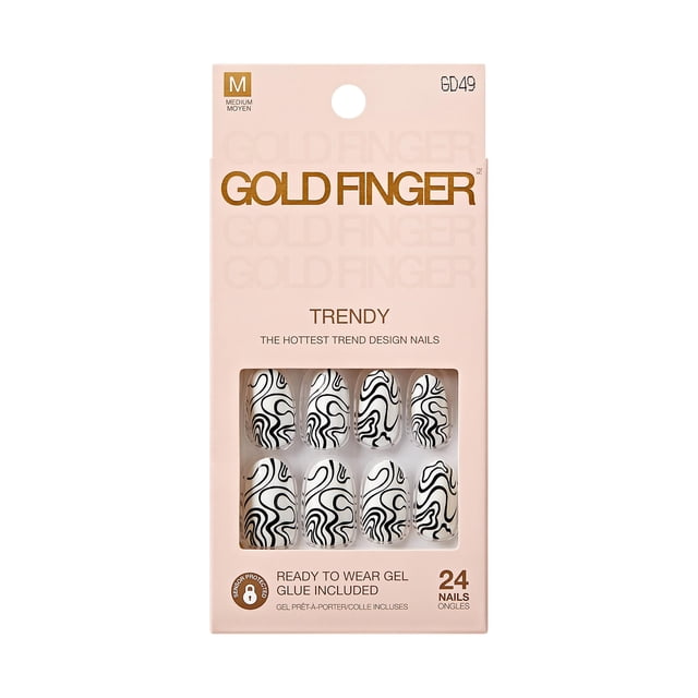 GoldFinger 24 piezas de uñas postizas ovaladas medianas, extensiones de gel en forma de remolino, reutilizables, de cubierta completa, kit de uñas postizas con pegamento, barra de manicura y lima, uso
