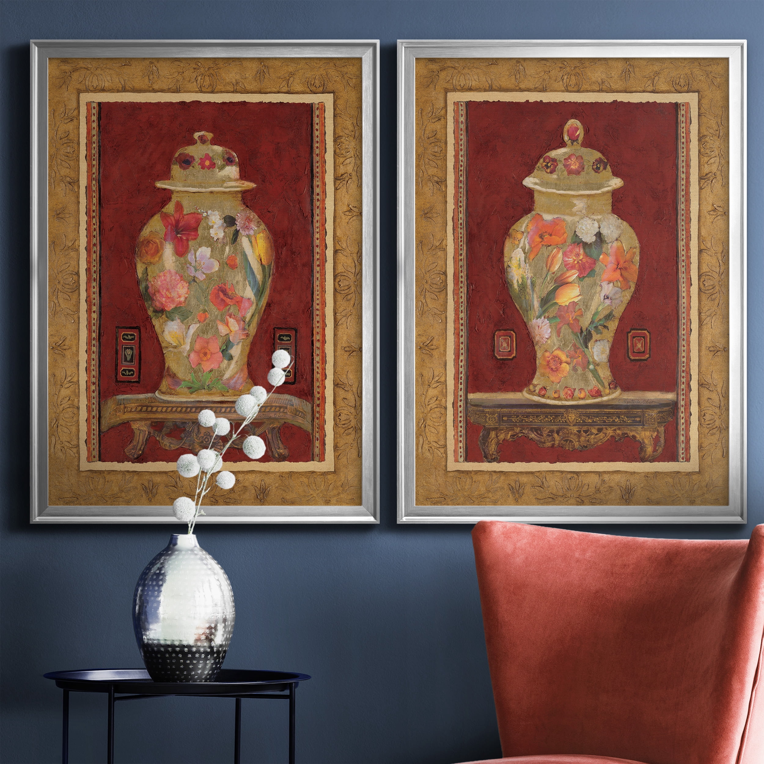 2 Piece Set Romantic Urn I Premium Framed Canvas - Ready to Hang - 26.5 x 36.5 Each - Silver Frame