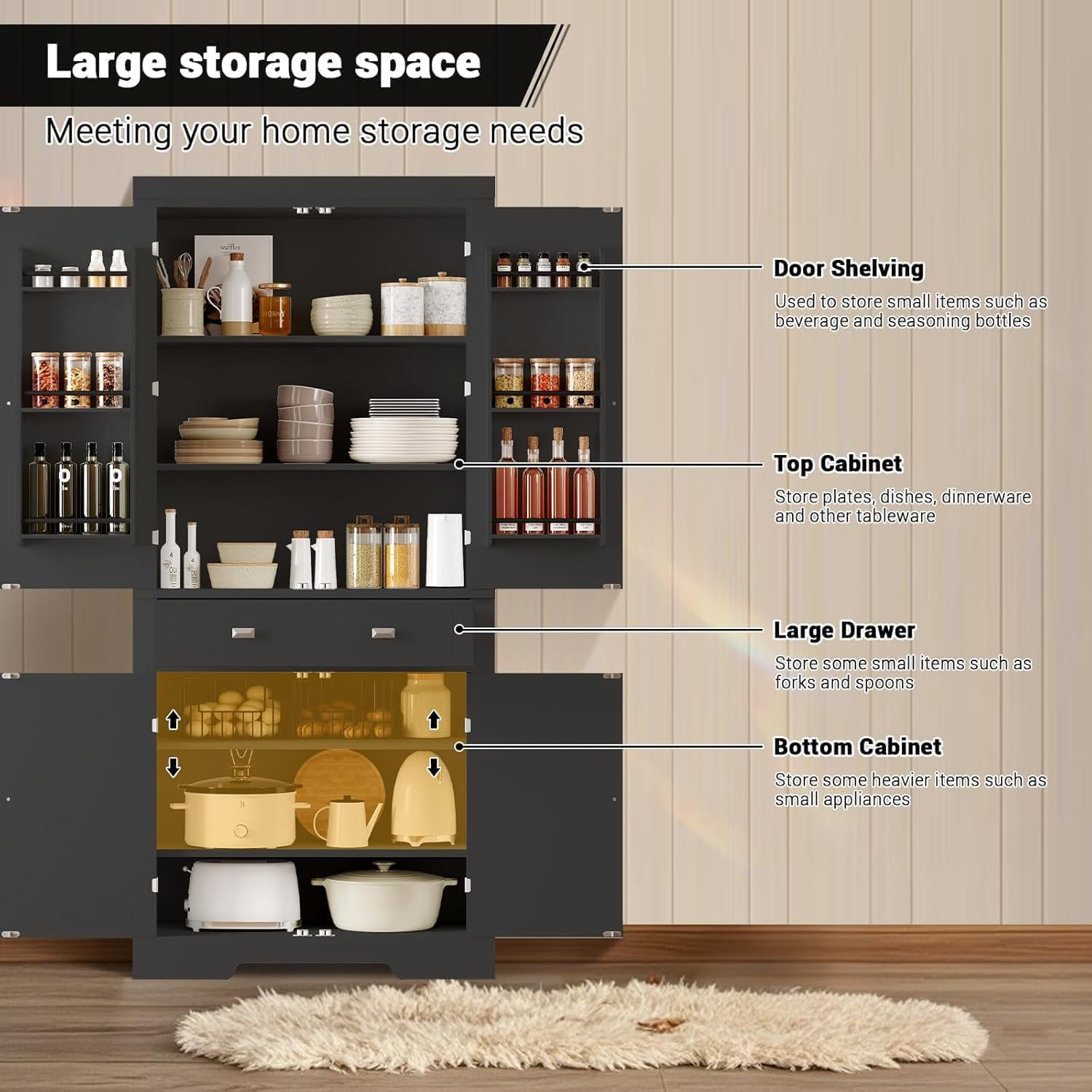 Yeshouse 71.7 Inch Kitchen Pantry Cabinet,Freestanding High Cupboard Bathroom Storage Cabinet with 2 Drawer & Cabinets, 3 Adjustable Shelves, 6 Door Shelves,for Living Room, Kitchen