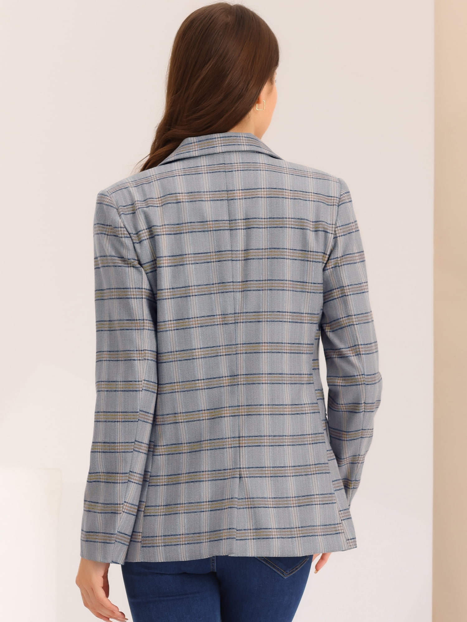 DARING DIVA Women's Boyfriend Notched Lapel One Button Blazer Suit Plaid Blazer Jacket M Grey Blue