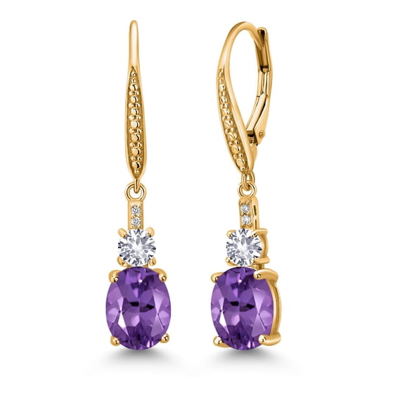 Gem Stone King 18K Yellow Gold Plated Silver Yellow Citrine and White Lab Grown Diamond Dangle Earrings for Women (3.84 Cttw, Oval Checkerboard 9X7MM)