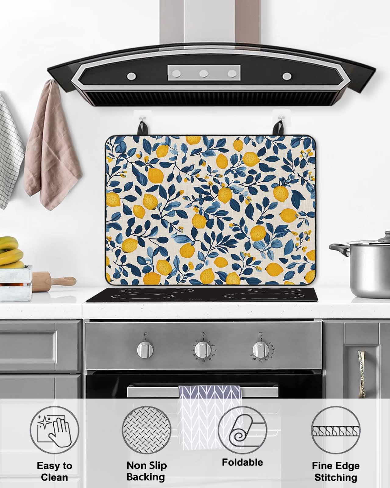 nqOlkjepod Large Induction Cooktop Protector Mat 36"x21", Lemon Summer Stove Top Covers for Electric Stove, Spring Pastoral Watercolor Fruit Leaf Stove Burner Cover Mats, Glass Top Stove Cover
