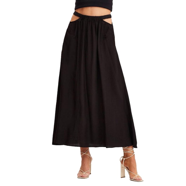Gibobby faldas para mujer invierno Falda larga de media falda de color sólido ahuecada de cintura alta para mujer(Negro, M)