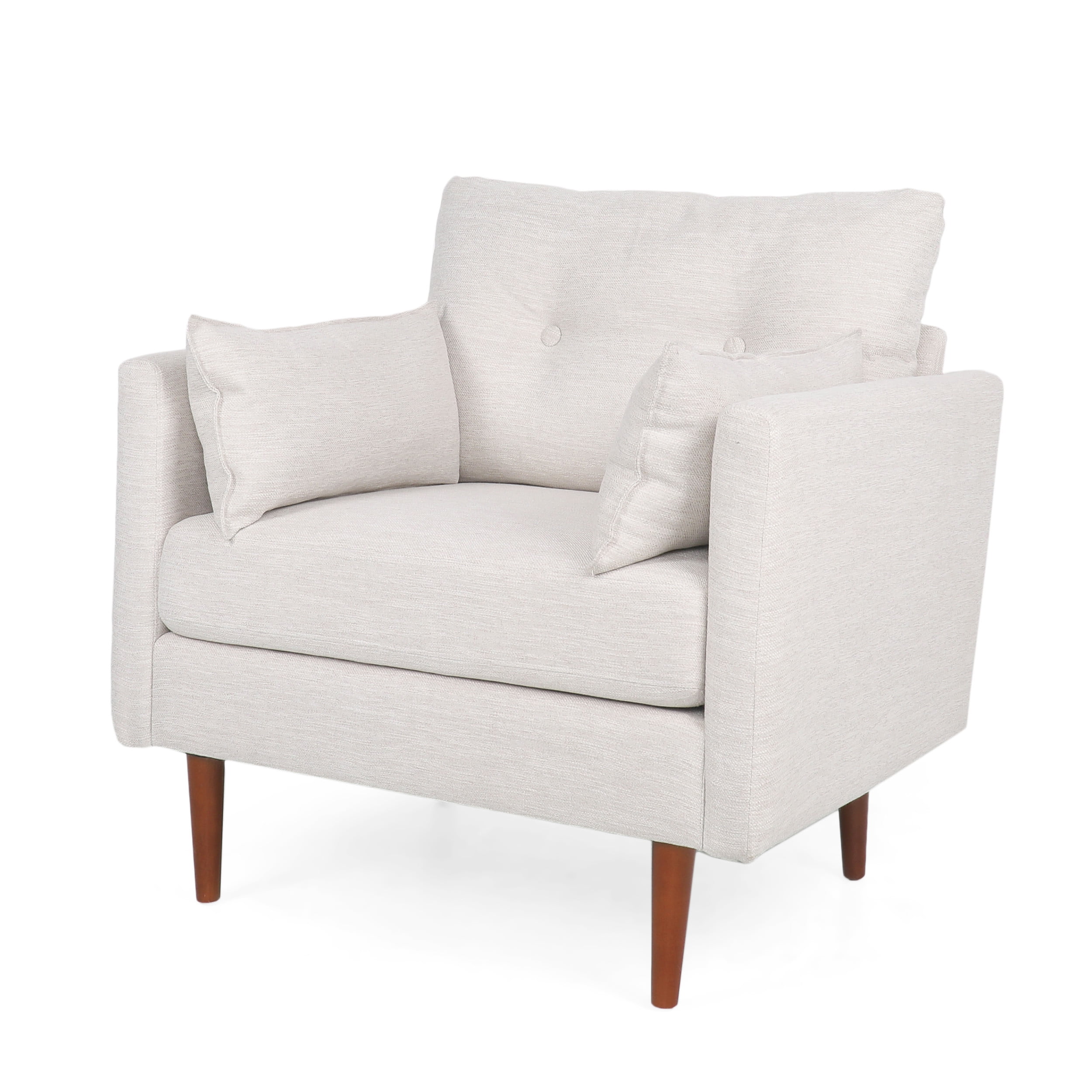Noble House Grouse Fabric Tufted Club Chair with Accent Pillows, Beige and Walnut
