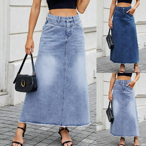 Sentmoon Mini Jean Skirt Plus Size High Waist Boho Denim Mini Skirts with Pockets Flowy Pleated Beach Solid Color Loose Breathable Womens Skirts Fall Trendy Winter for Party S