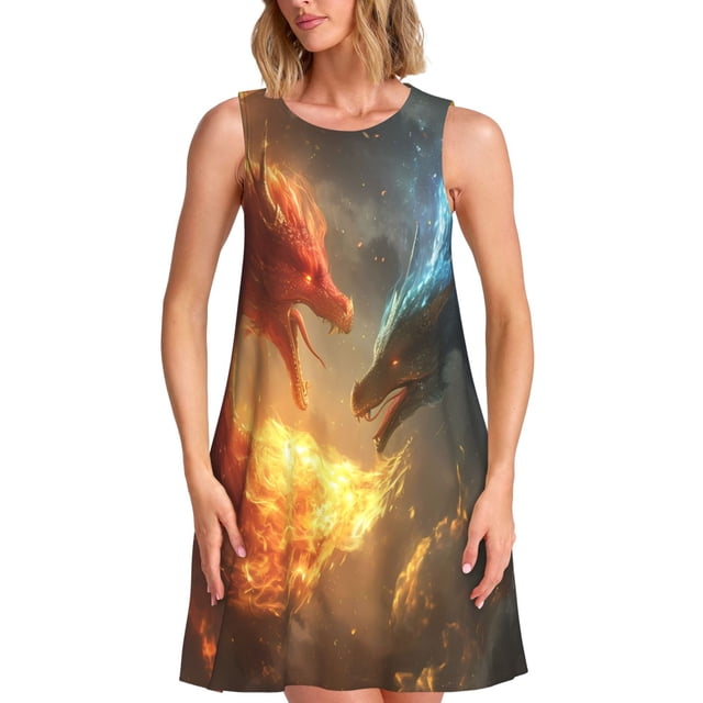 Vsdgher Robe d'Été Imprimée Dragon de Feu Rouge et Bleu pour Femmes, Décontractée, Col en U, Sans Manches, Ample, avec Poche