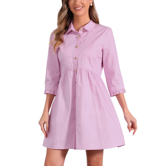 Vestido de camisa para mujer Inspire Chic de manga 3/4, con botones, mini vestido en rosa y púrpura, talla L