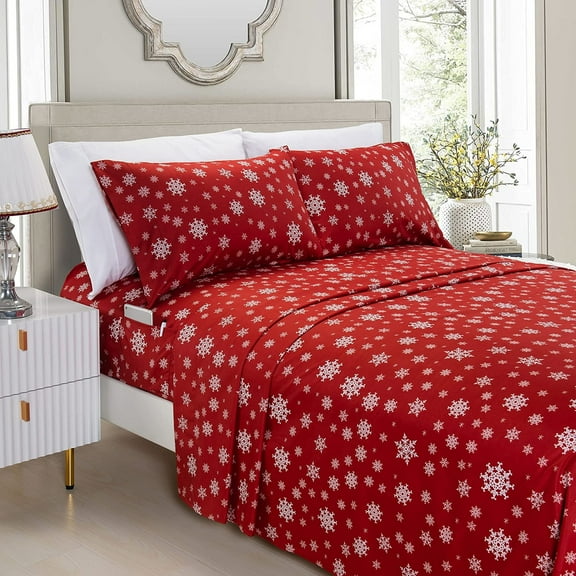 Mocassi 1800 Prestige Collection Classic Luxury Modern White Microfiber Sheet Sets, Twin, Snow Flake Burgundy