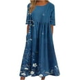 thumbnail image 2 of GaThRRgYP Womens Dresses,Women Fashion Summer Spring Round Neck Short Sleeve Printing Pocket Casual Loose Mid-Calf Dress Navy XL, 2 of 5