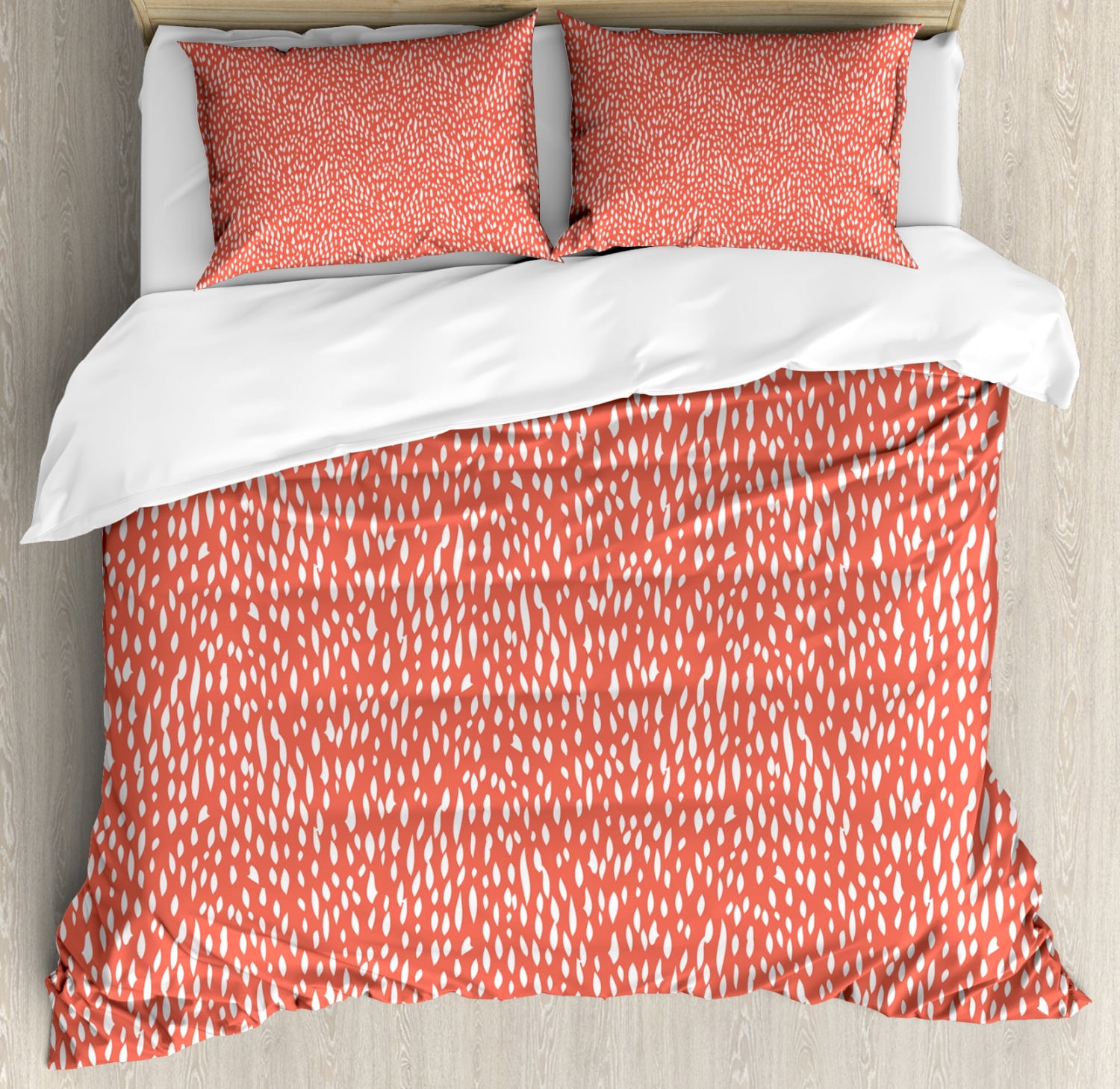 Coral And White Duvet Cover Set King Size Hand Drawn Strokes