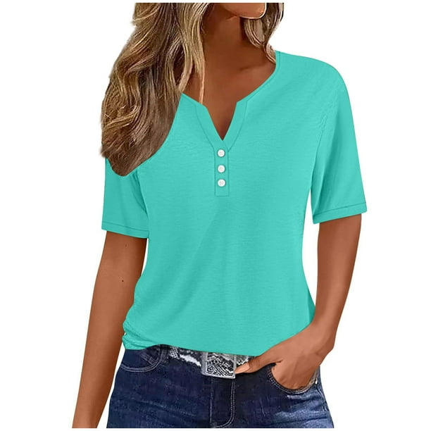 Mujeres de Algodón de Verano Tops de Color Sólido Casual Mediano de Manga Corta de Cuello Redondo, Camisa Ligera de Algodón de Imitación