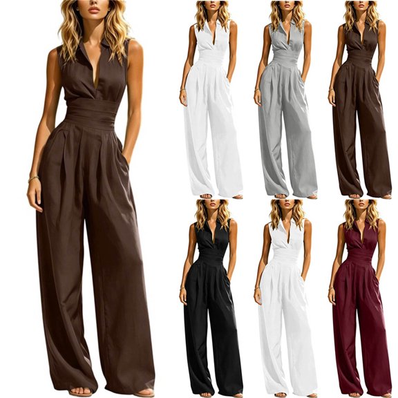 Aimik Womens Jumpsuits Sleeveless Turndown Collar V Neck Wrap Front Wide Leg Jumpsuits Summer Dressy Fashion One Piece Jumpsuit