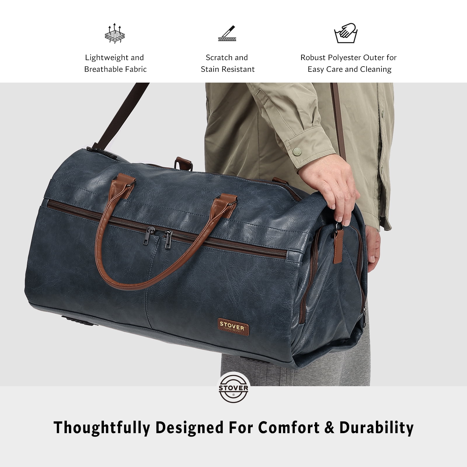 STOVER Garment Travel Duffle Bag, Large 2-in-1 Convertible Carry-on Luggage (Blue Leatherette)