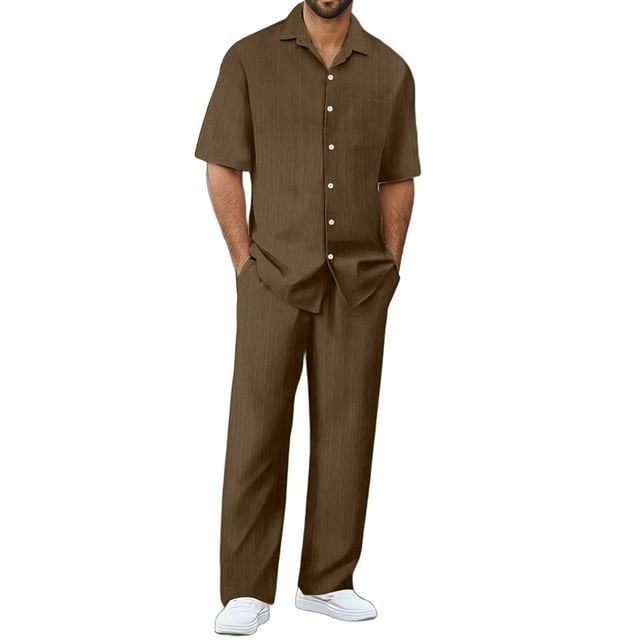 Ediodpoh Men's Suits Stylish Casual Set for Everyday Wear Sports Relaxation and Beach Activities Pure Color Design Comfortable Fit for Spring and Summer Seasons Mens Outfits Coffee S