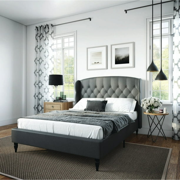 Modern Sleep Coventry Upholstered Platform Metal Bed Frame, Queen, Gray