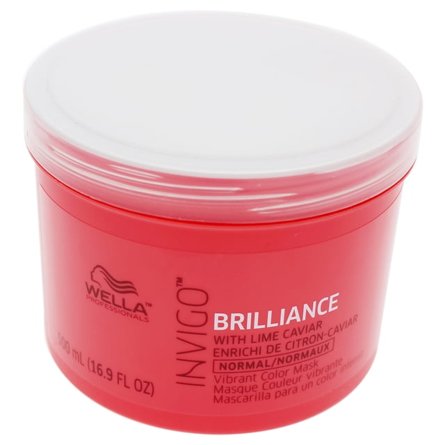 mascarilla invigo brilliance wella para cabello fino unisex 16,9 oz, tarro frontal centrado rojo con tapa blanca, logo Wella y texto BRILLIANCE visible; mascarilla capilar hidratante para brillo, 500 ml (16.9 fl oz).