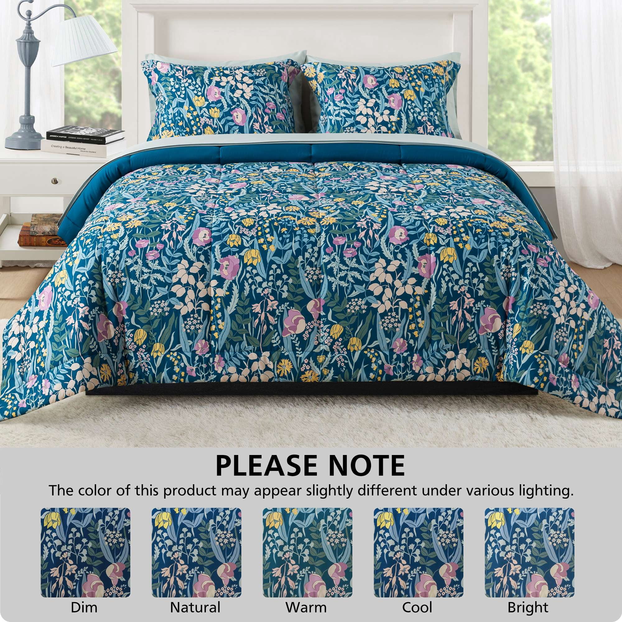 Mainstays All in One Reversible Comforter and Sheet Set, 7-Piece, Queen, Blue Floral
