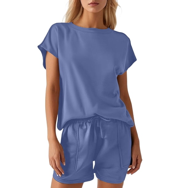 Conjunto informal de dos piezas para mujer con cuello redondo y manga corta - Ajuste cómodo, versátil para el uso diario, combinable con sandalias, varias tallas