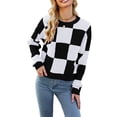 thumbnail image 2 of Liacowi Women Juniors Knitted Sweater Long Sleeve Plaid Contrast Color Pullover Retro Jumpers Tops Fall Loose Knitwear for Teen, 2 of 8