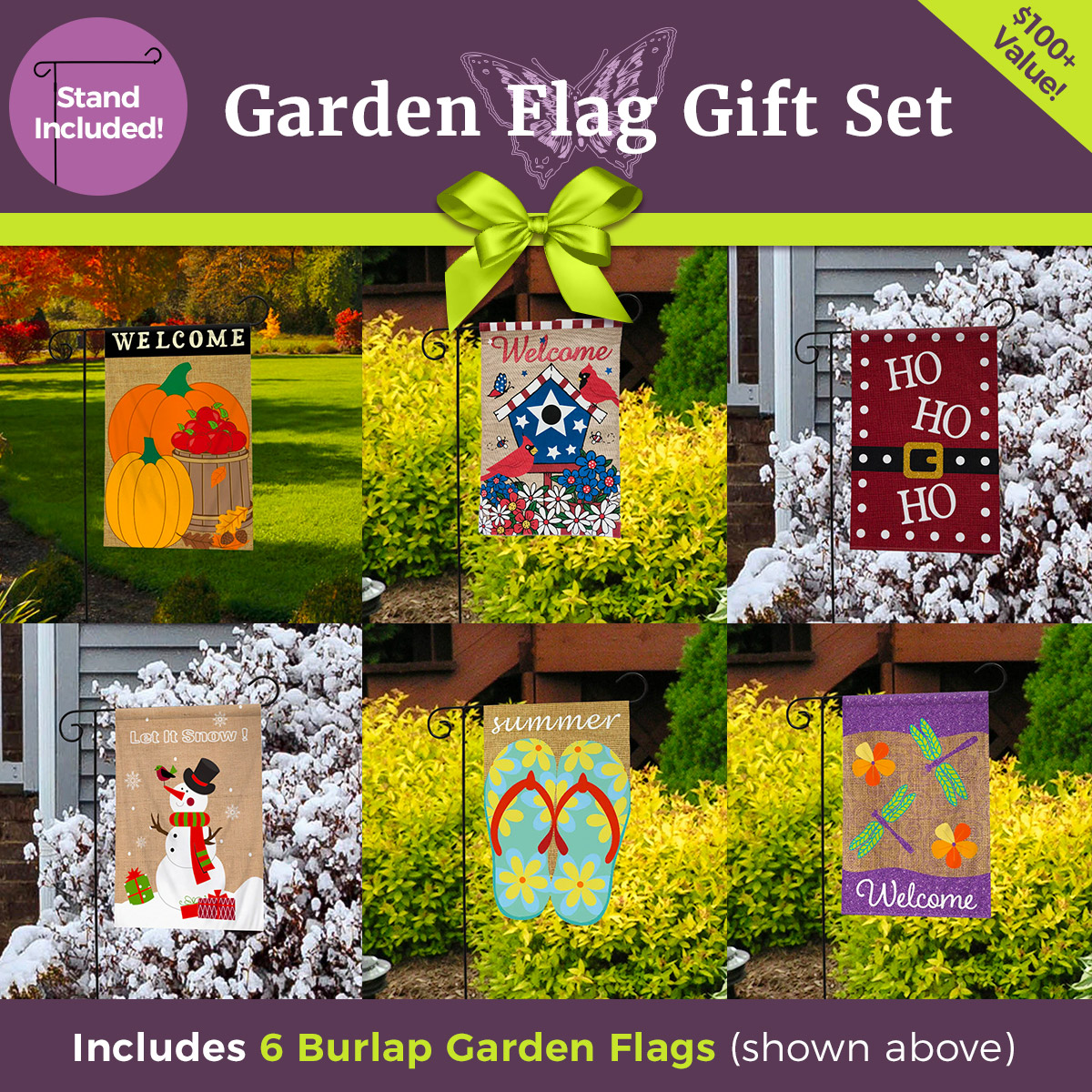 Ultimate Burlap Garden Flag Gift Set 6 Flags & 3Piece Stand Briarwood Lane