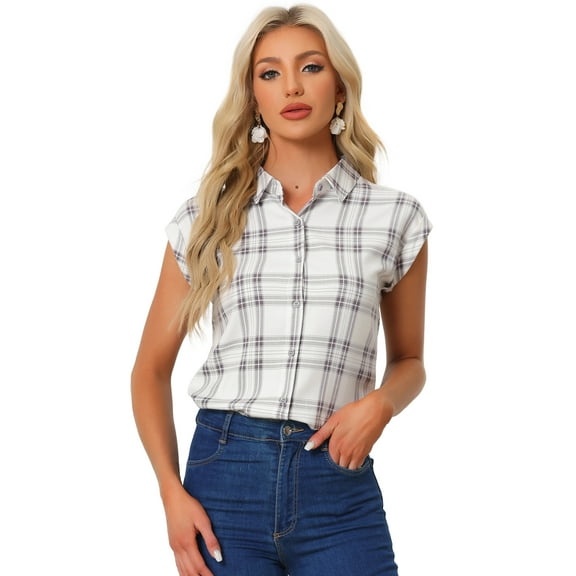 DARING DIVA Women's Summer Plaid Short Sleeves Button Down Tops XS Purple-White
