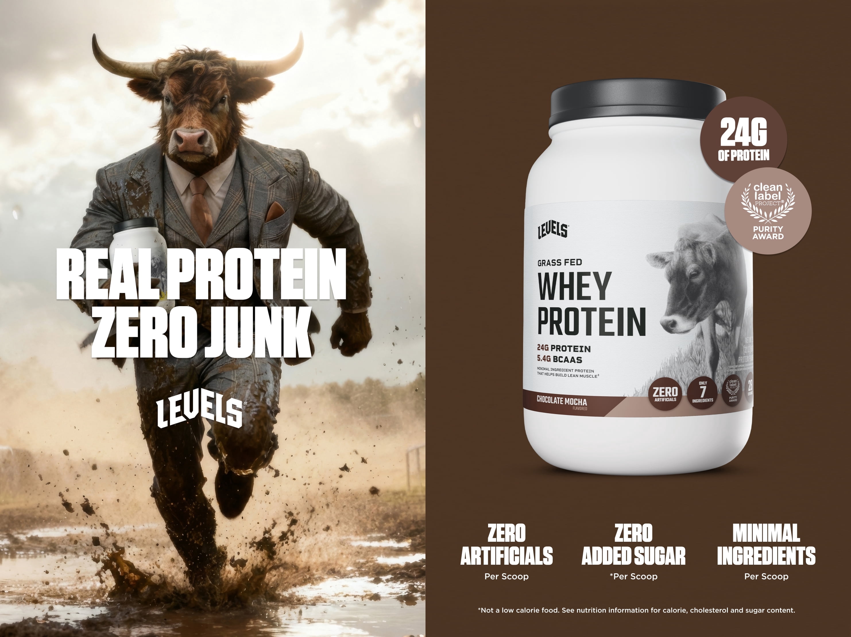 Levels Grass Fed Whey Protein Powder, No Artificials, 24G of Protein, Chocolate Mocha, 2LB