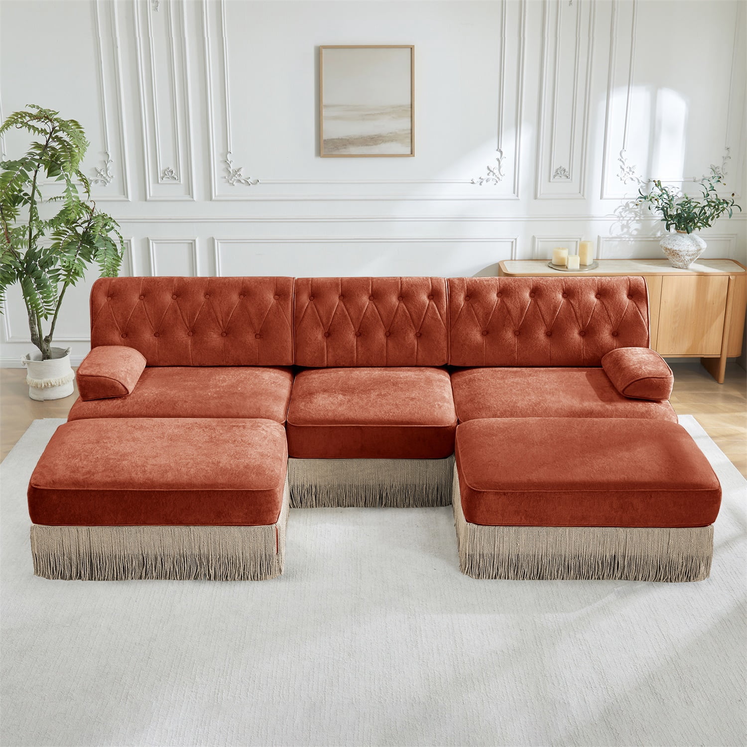 Hommoo 3-Seater Chesterfield Style Velvet Fabric U-Shaped Sectional Sofa with 2 Ottomans, Upholstered Design and Floor-grazing Tassel, Free Combination Sofa Couch Set, for Home, Red Brown