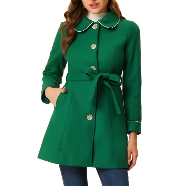 Abrigo largo elegante de invierno para mujer con cuello de solapa en verde XS