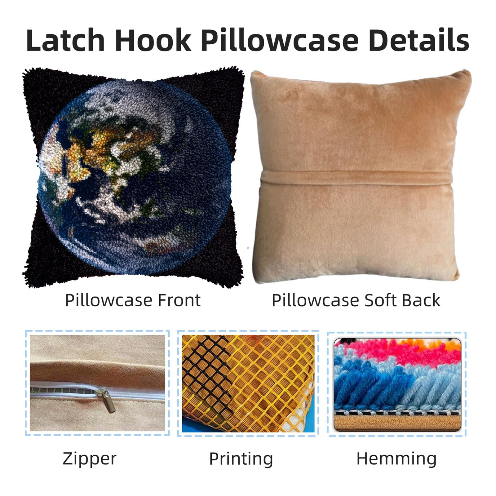 Earth Surface DIY Latch Hook Pillow Kits for Adults Printed Pillowcase Crochet Yarns Hooking Handmade Pillow Cover Cushion for Home Sofa Decoration 17x17inch