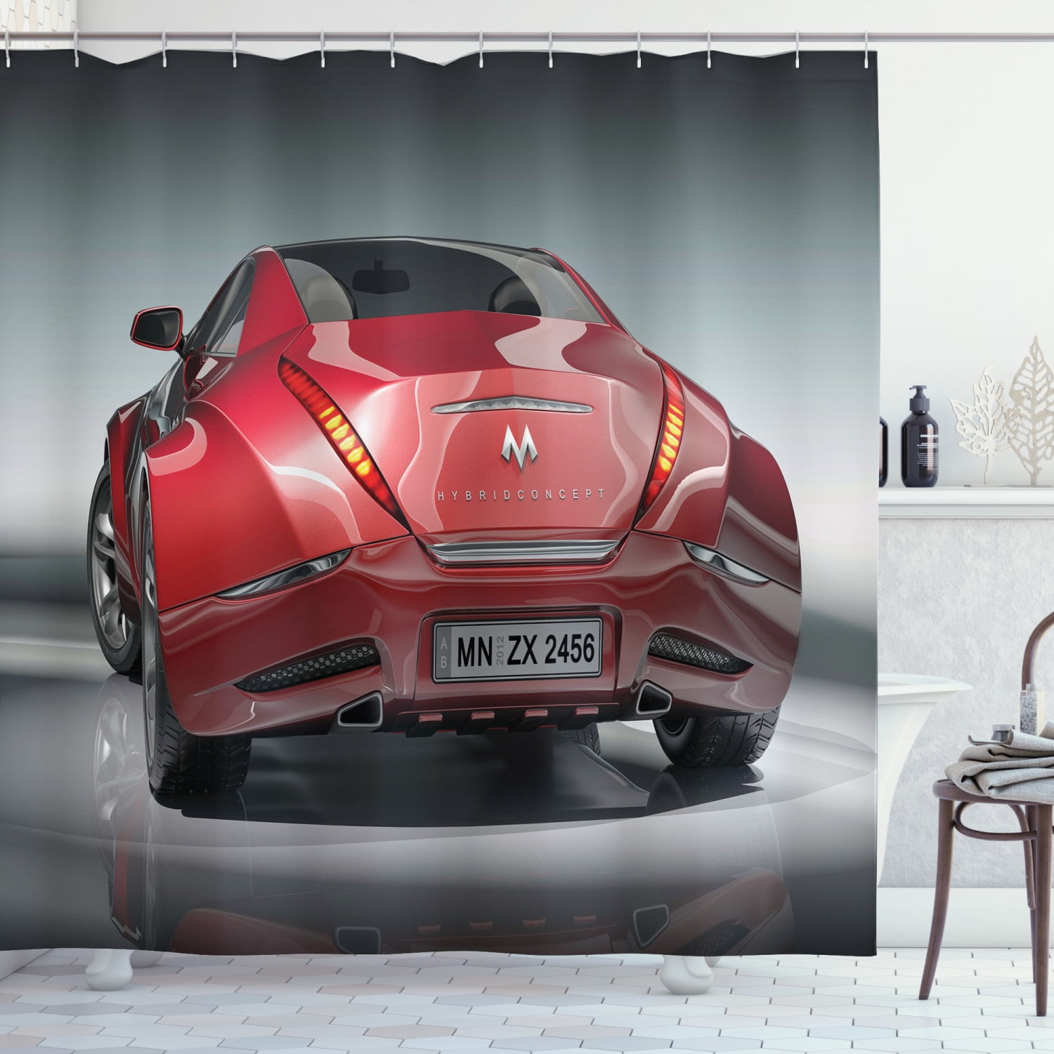 Cars Shower Curtain, Red Sports Car Concept Design Realistic Powerful