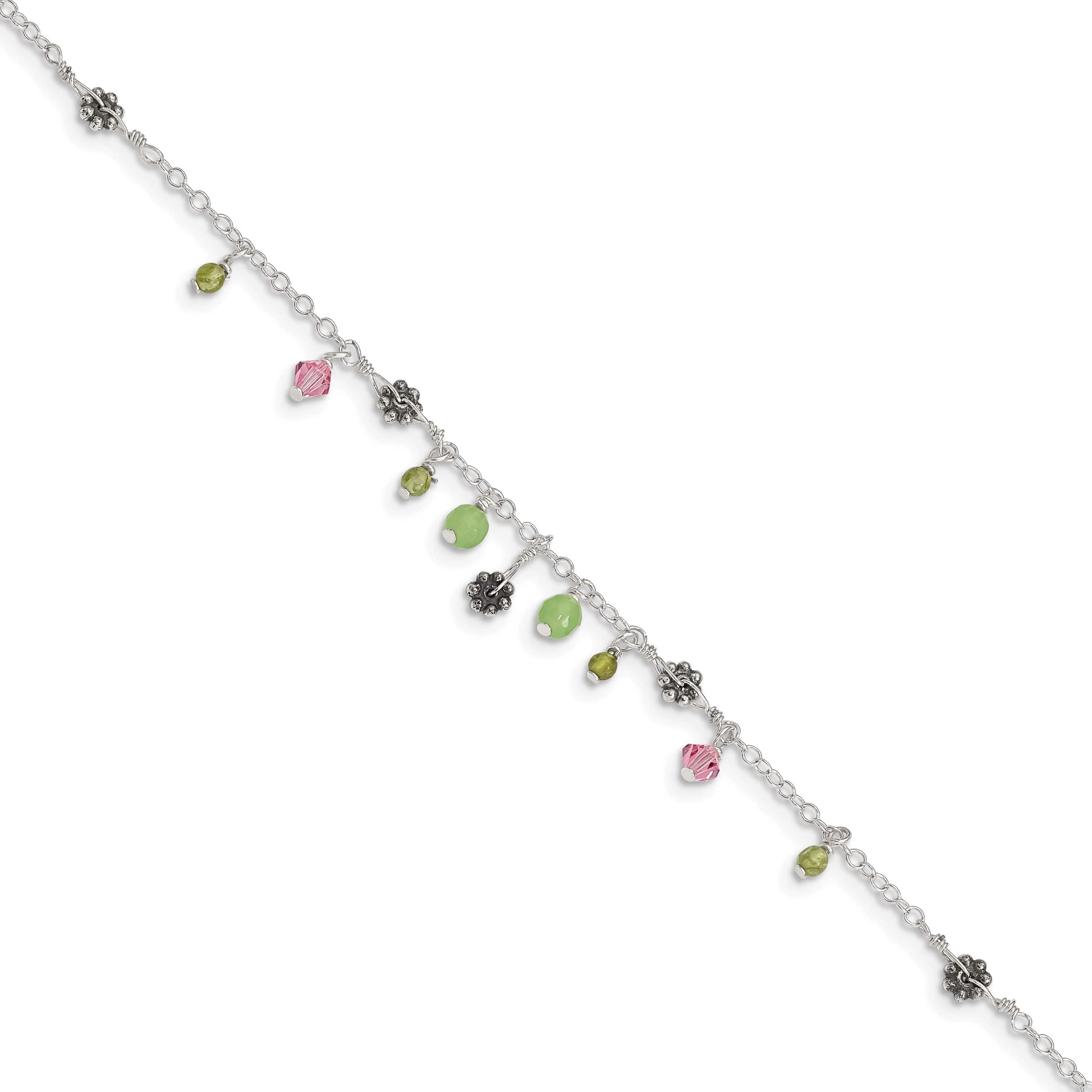 Sterling Silver 9In Pink Crystal Green Quartz Peridot Beads Anklet Made In Thailand qg1401-9