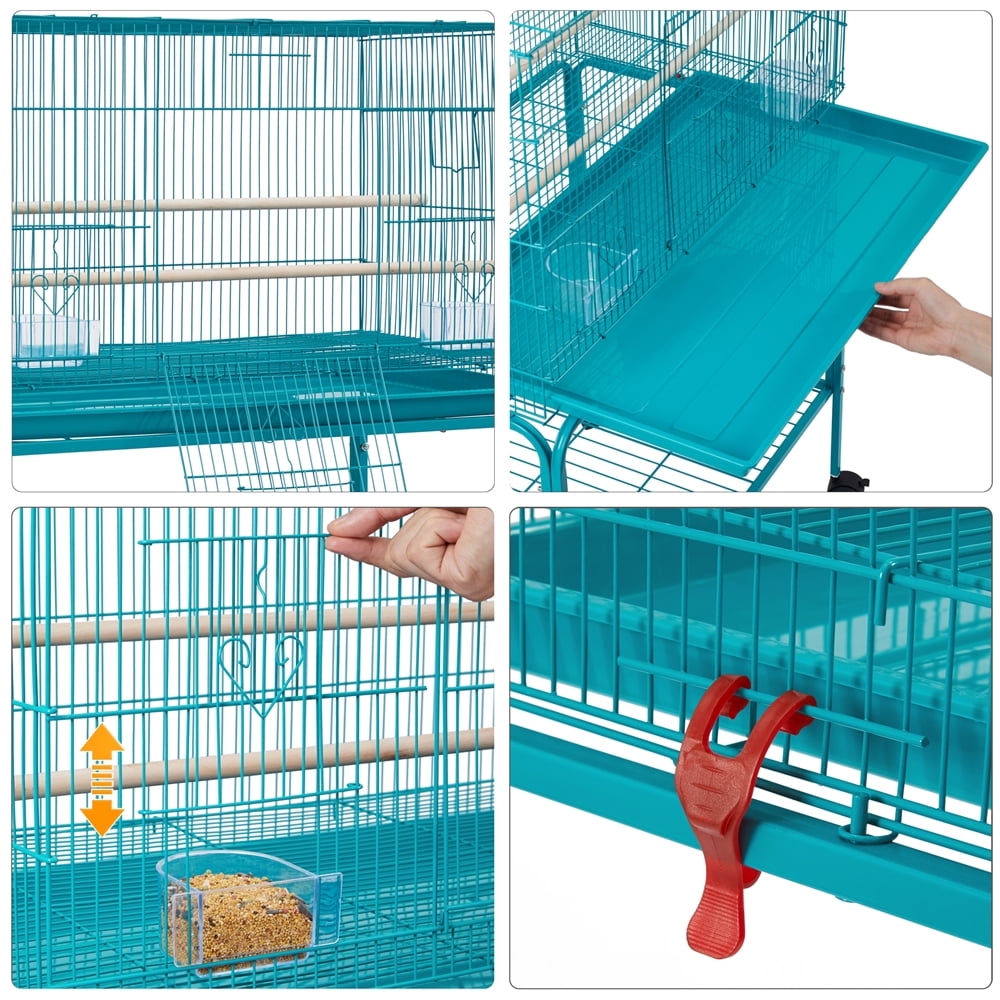 Renwick 47"H Rolling Stand Flight Metal Bird Cage with Slide-Out Tray for Small Birds, Teal Blue