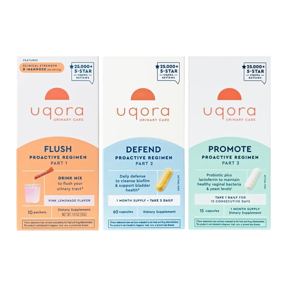 Uqora Complete Regimen with Flush, Defend & Promote - Urinary Tract Support with D-Mannose, Vitamin C, Green Tea Extract, Probiotics & More - Comprehensive Bladder Health Support* - 3-Part Bundle